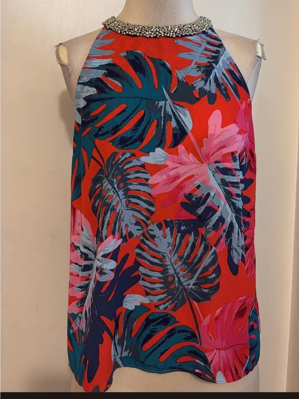 Jennifer Lopez Red Tropical Print Sleeveless Top with Beaded Neckline S